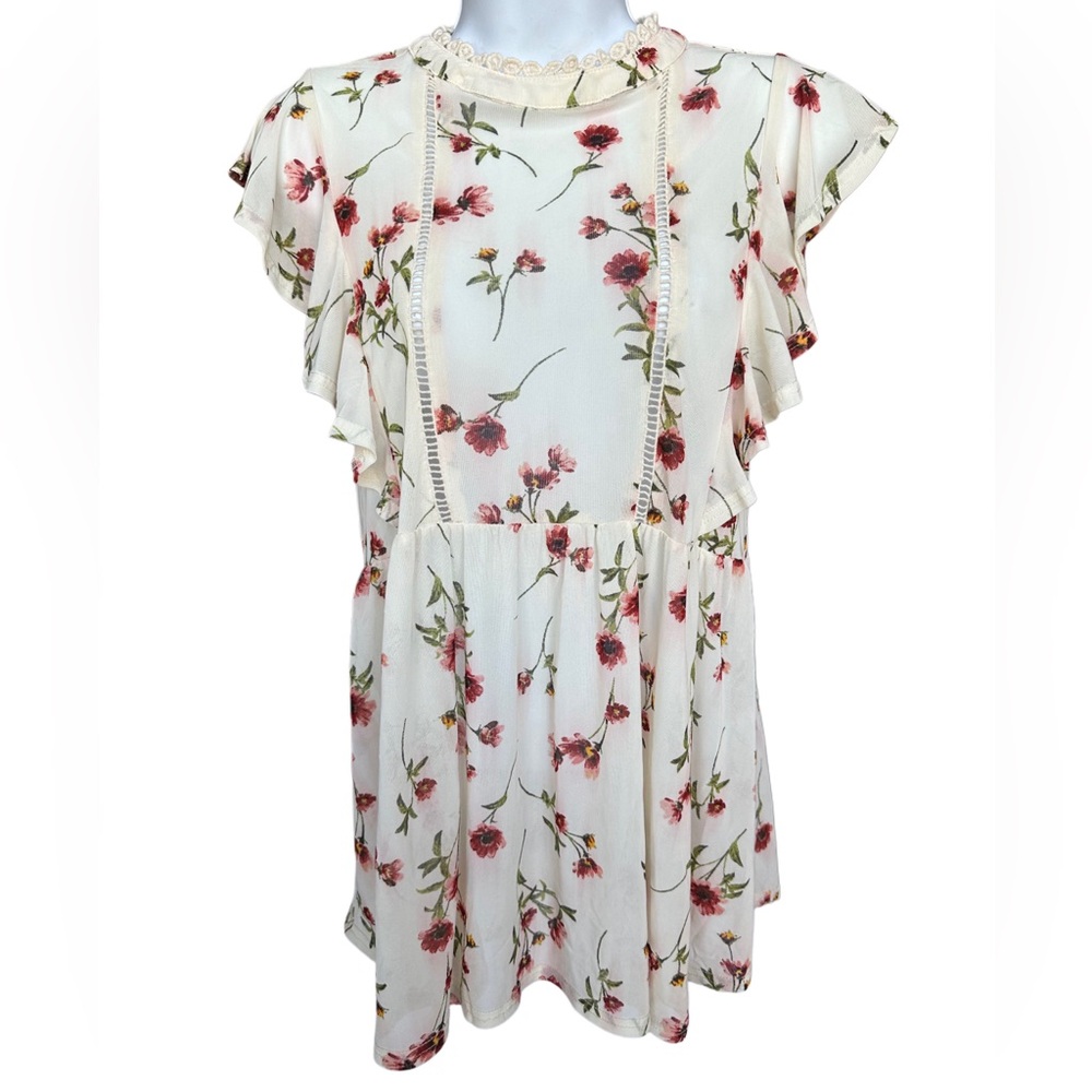 Floral Mesh Babydoll Top with Flutter Sleeves - Size M